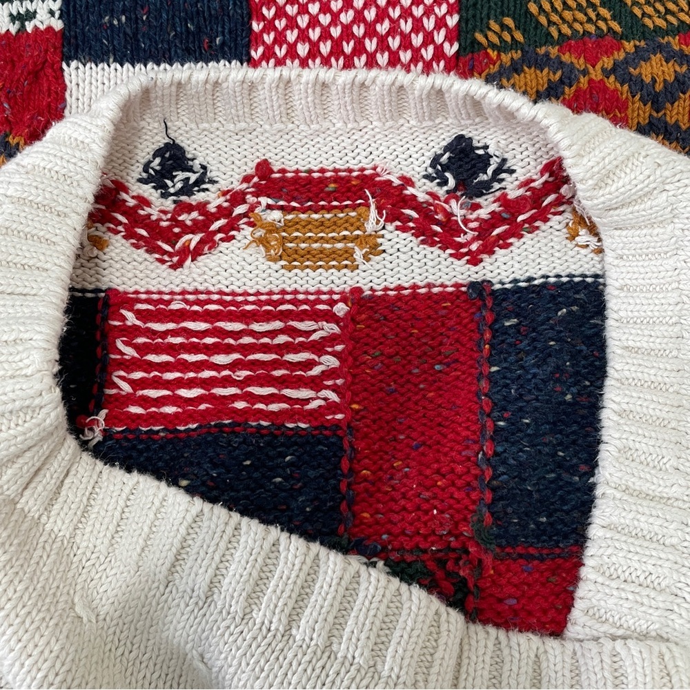 VTG Patchwork Chunky Knit Wool Blend Collared Mul… - image 6